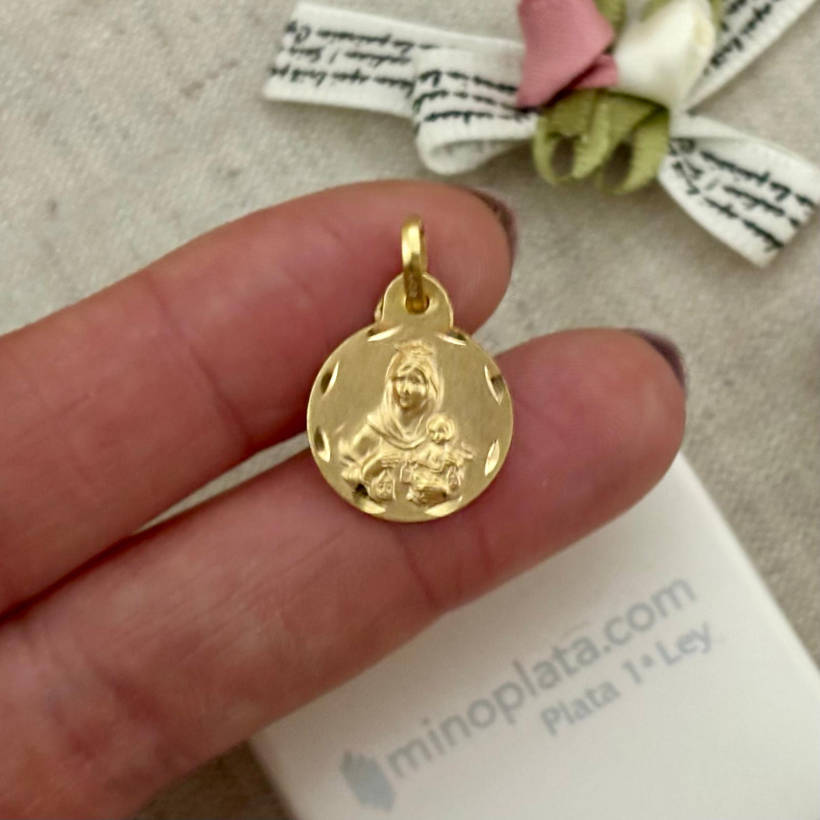 Medalla Escapulario de Plata chapada en Oro Virgen del Carmen y Sagrado Corazón de Jesús 14mm 5