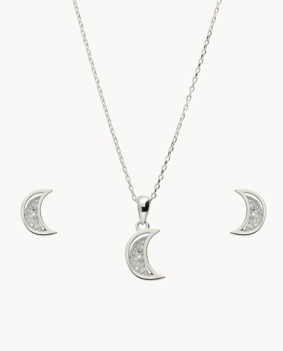 Juego de Pendientes y Collar luna de Plata de ley rodiada con Circonitas microengastadas
