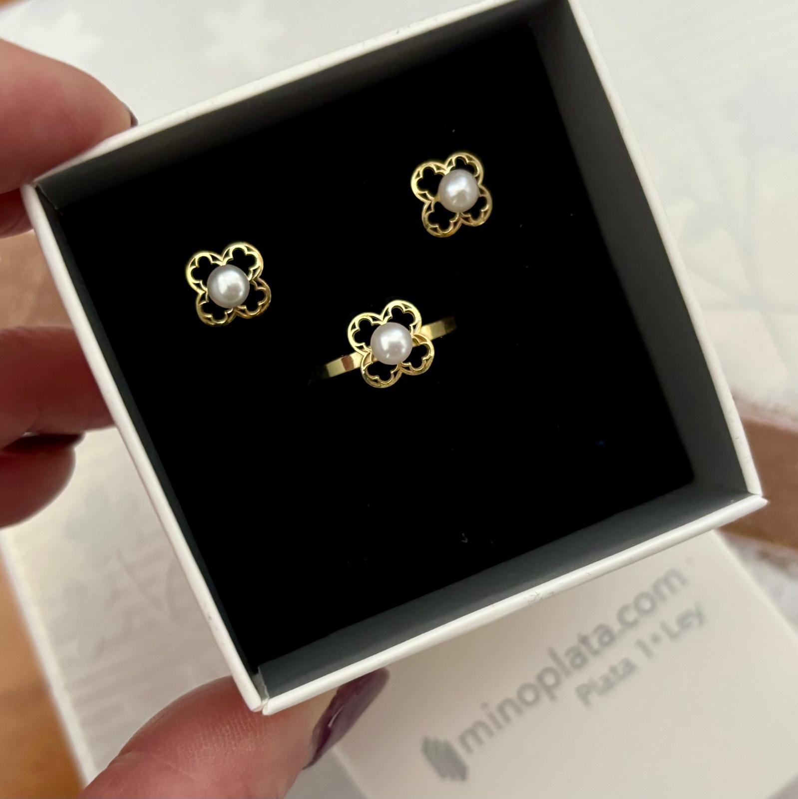 Aderezo Pendientes y Anillo Primera Comunión en Plata de ley chapado dorado con Perlas cultivadas 5