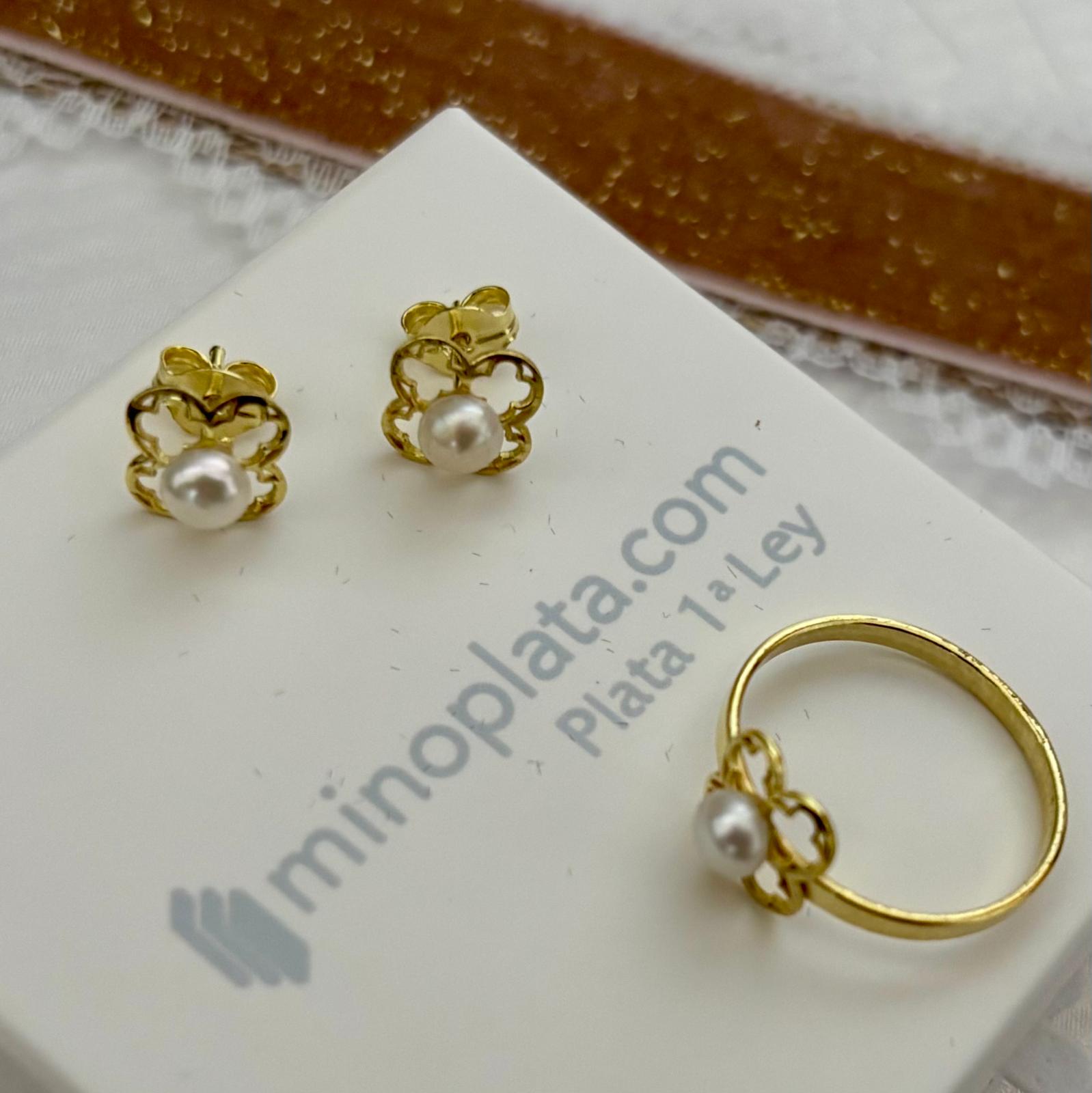 Aderezo Pendientes y Anillo Primera Comunión en Plata de ley chapado dorado con Perlas cultivadas 3