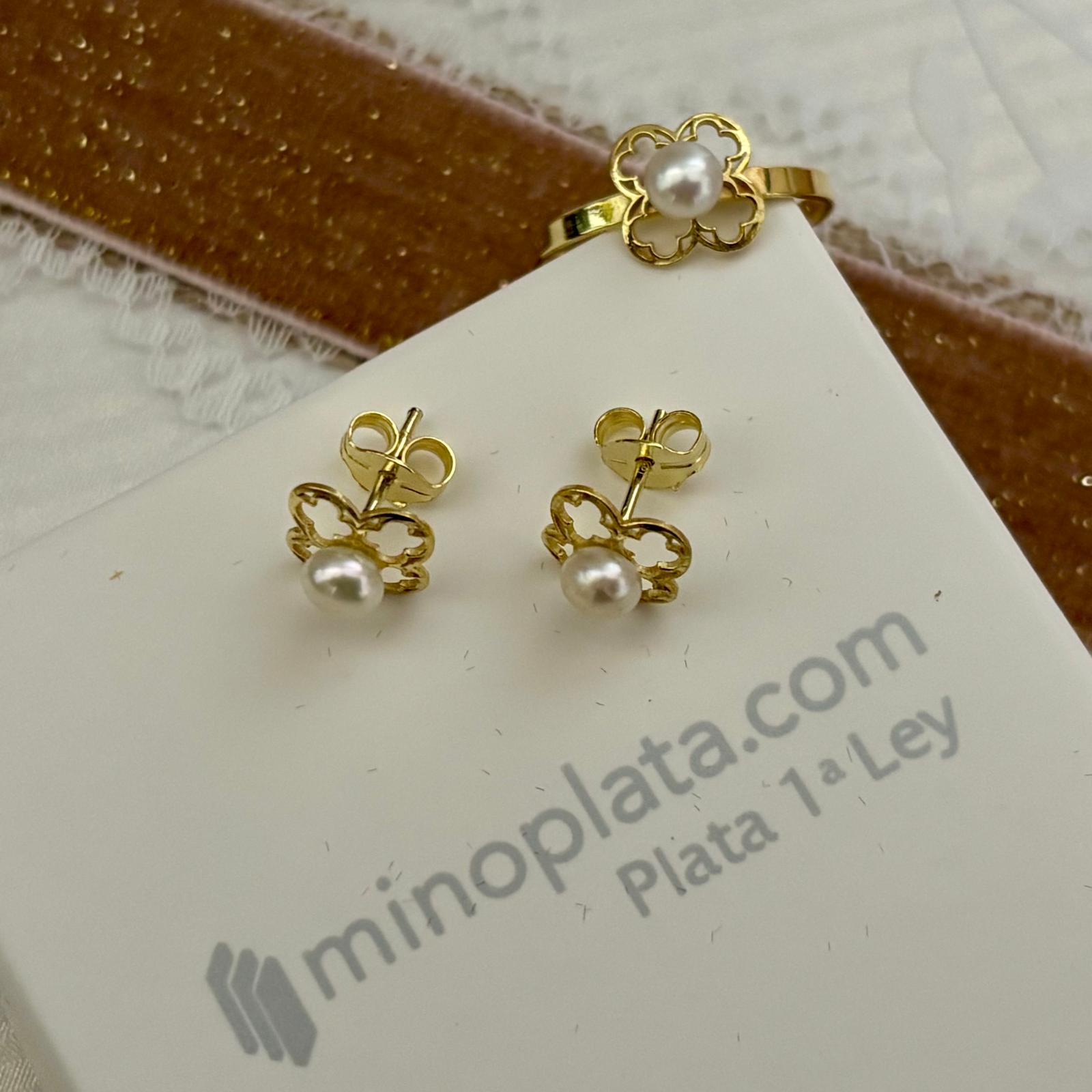 Aderezo Pendientes y Anillo Primera Comunión en Plata de ley chapado dorado con Perlas cultivadas 4