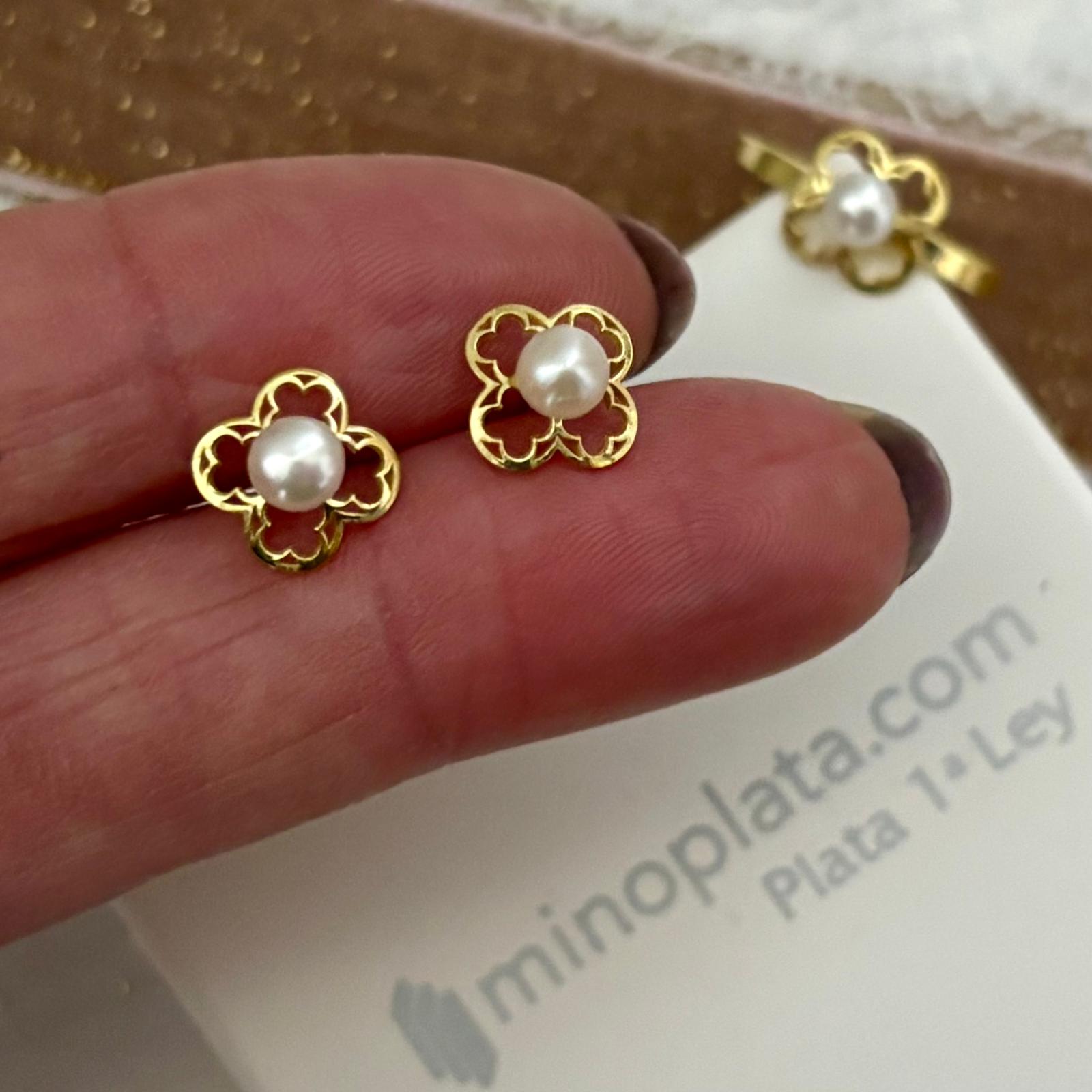 Aderezo Pendientes y Anillo Primera Comunión en Plata de ley chapado dorado con Perlas cultivadas