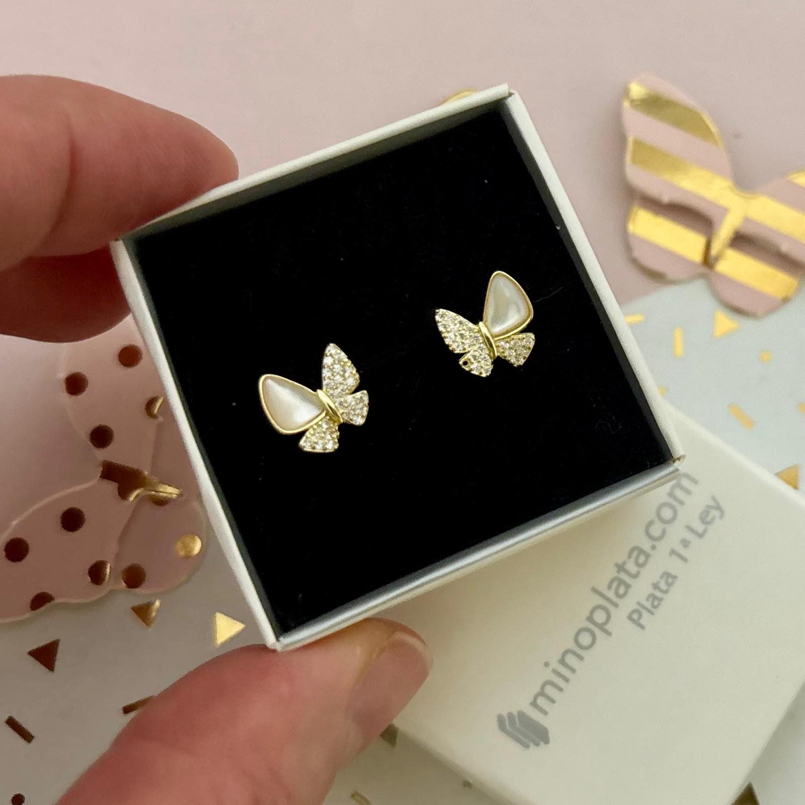 Pendientes mariposas de Plata chapada en Oro con Nácar y Circonitas 3
