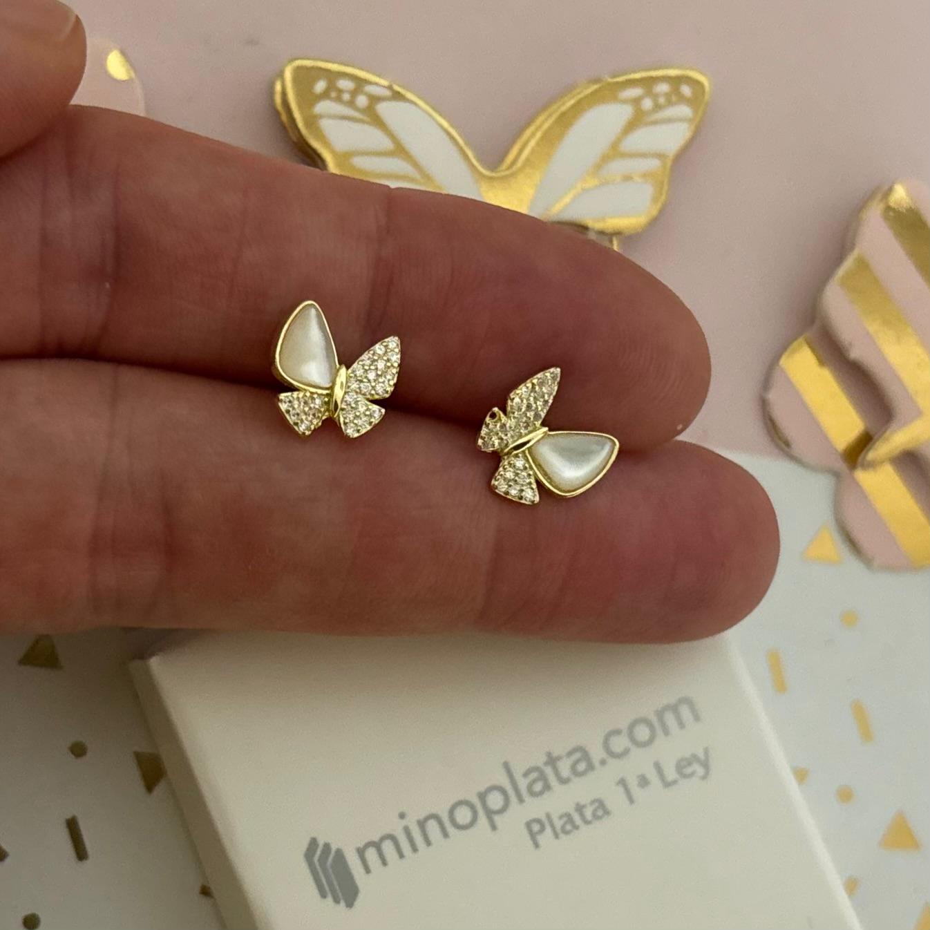Pendientes mariposas de Plata chapada en Oro con Nácar y Circonitas