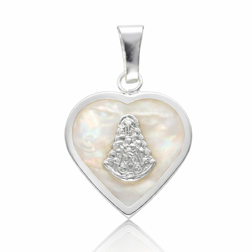 Colgante corazón de la Virgen del Rocío en Plata de ley con Nácar blanco 16x18mm