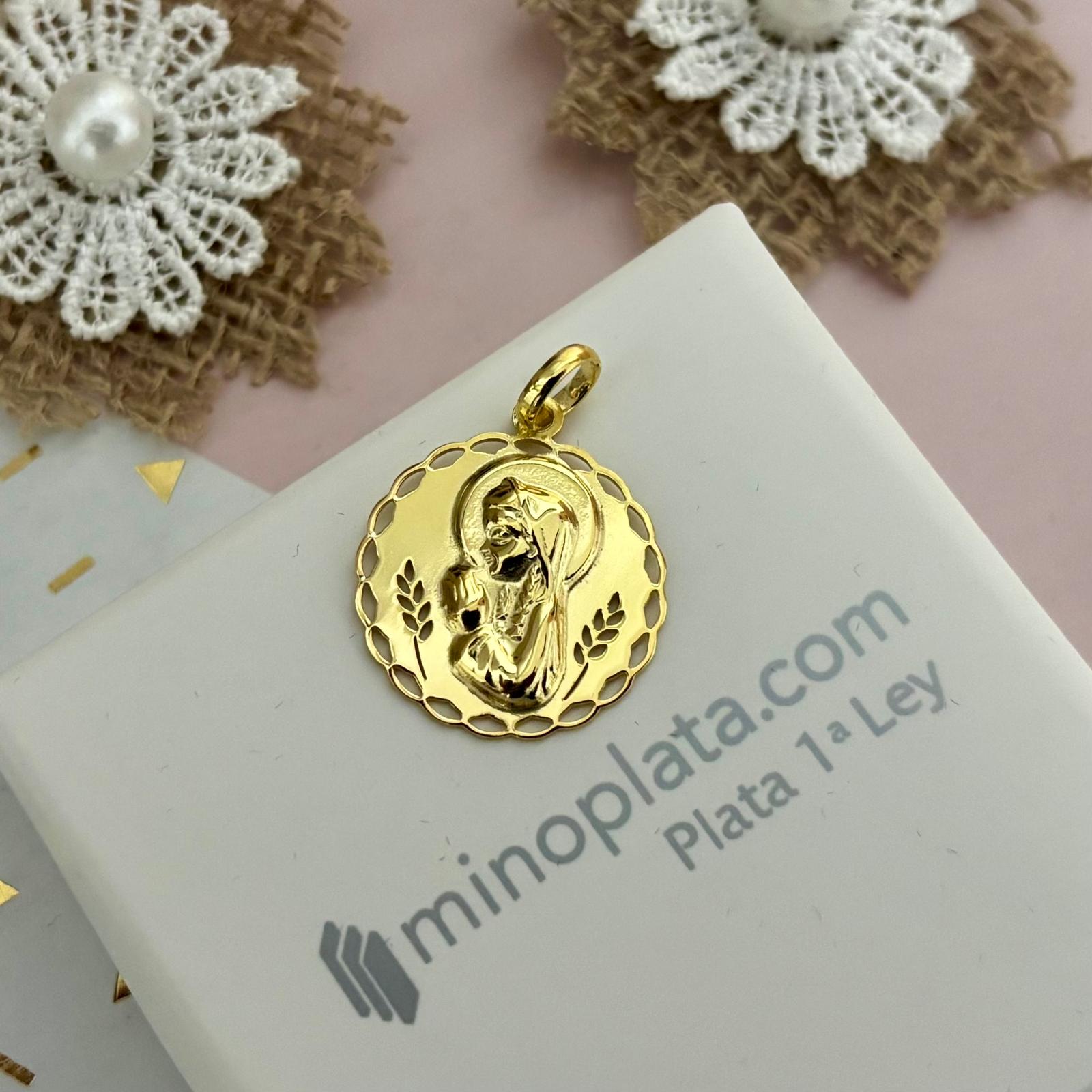 Medalla Virgen Niña espigas de Plata de ley chapada en Oro 20mm 3