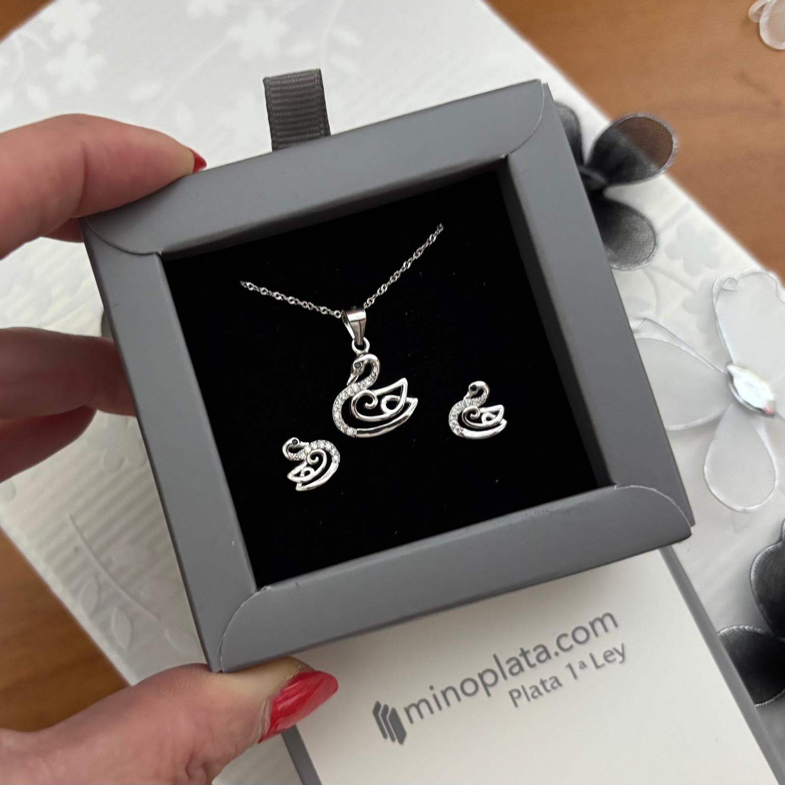 Juego de Pendientes y Collar cisne de Plata de ley rodiada con Circonitas blancas 4