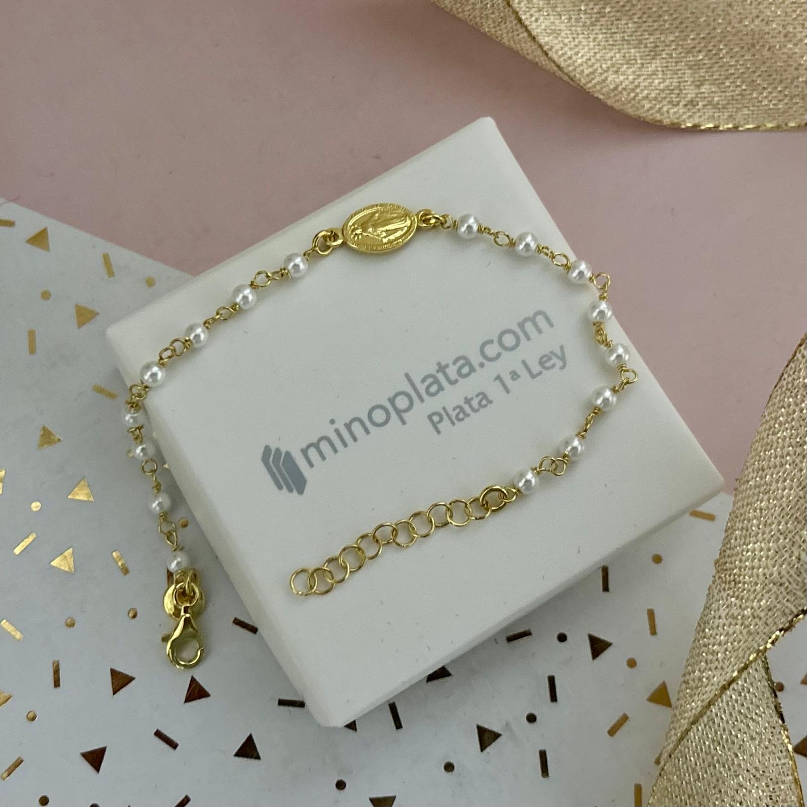 Pulsera infantil Virgen Milagrosa de Plata chapada en Oro con Perlitas cultivadas Primera Comunión 3