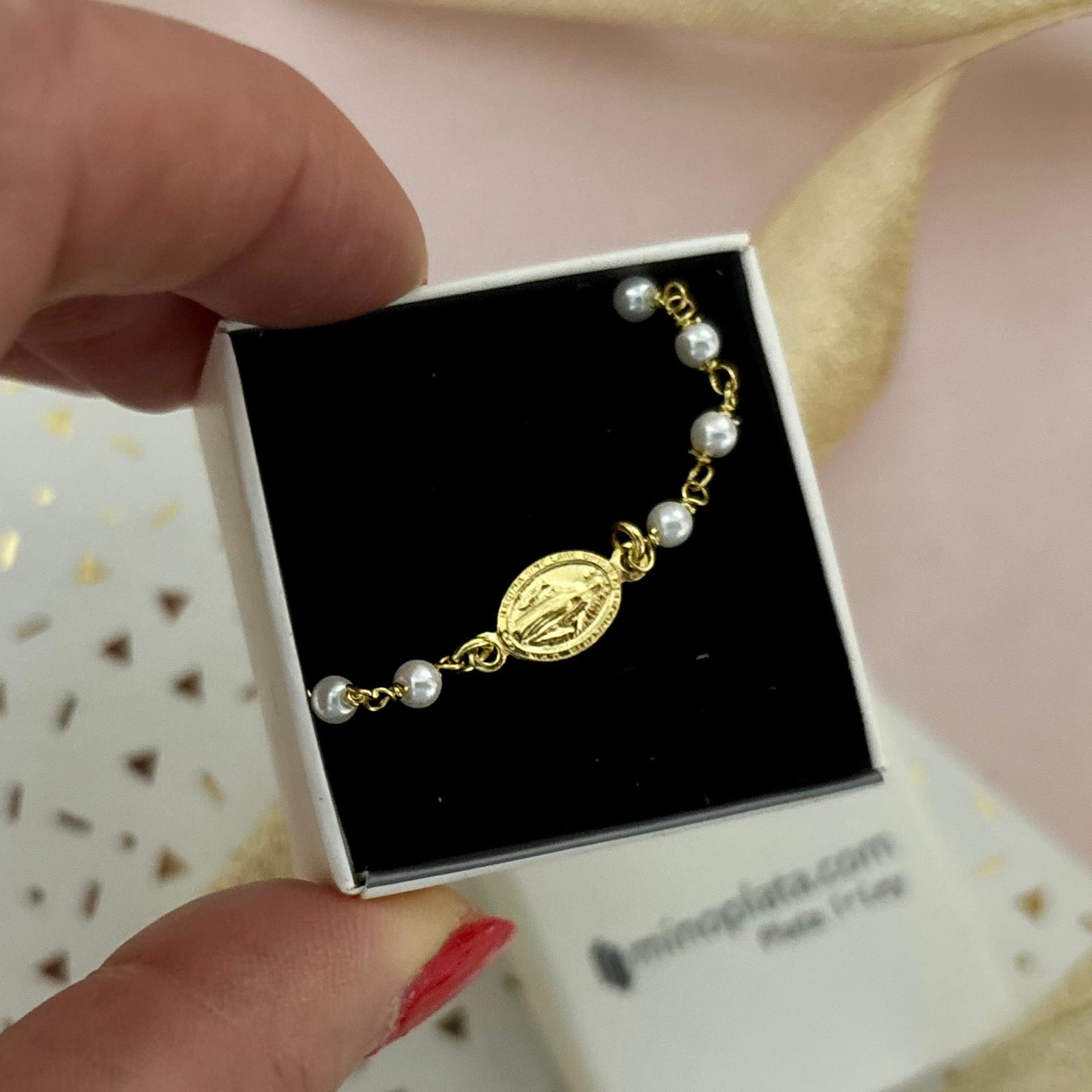Pulsera infantil Virgen Milagrosa de Plata chapada en Oro con Perlitas cultivadas Primera Comunión 4