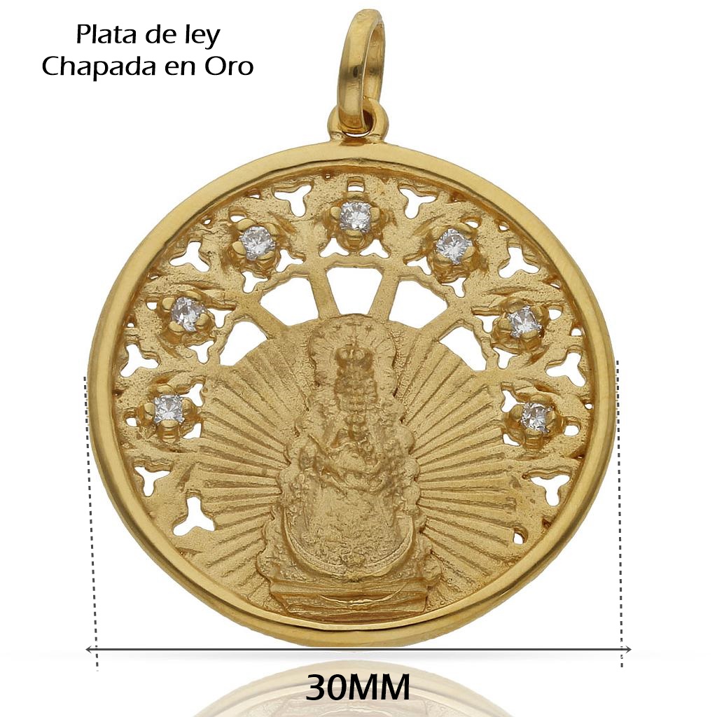 Medallón Virgen del Rocío 30mm de Plata de ley chapada en Oro con Circonitas 5