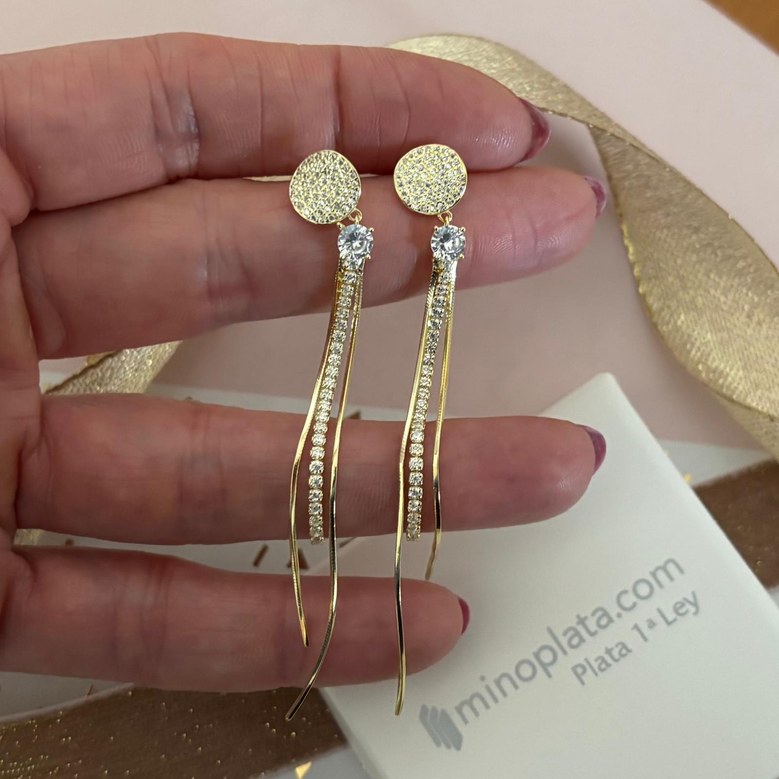 Pendientes largos fiesta en Plata baño de Oro con Circonitas