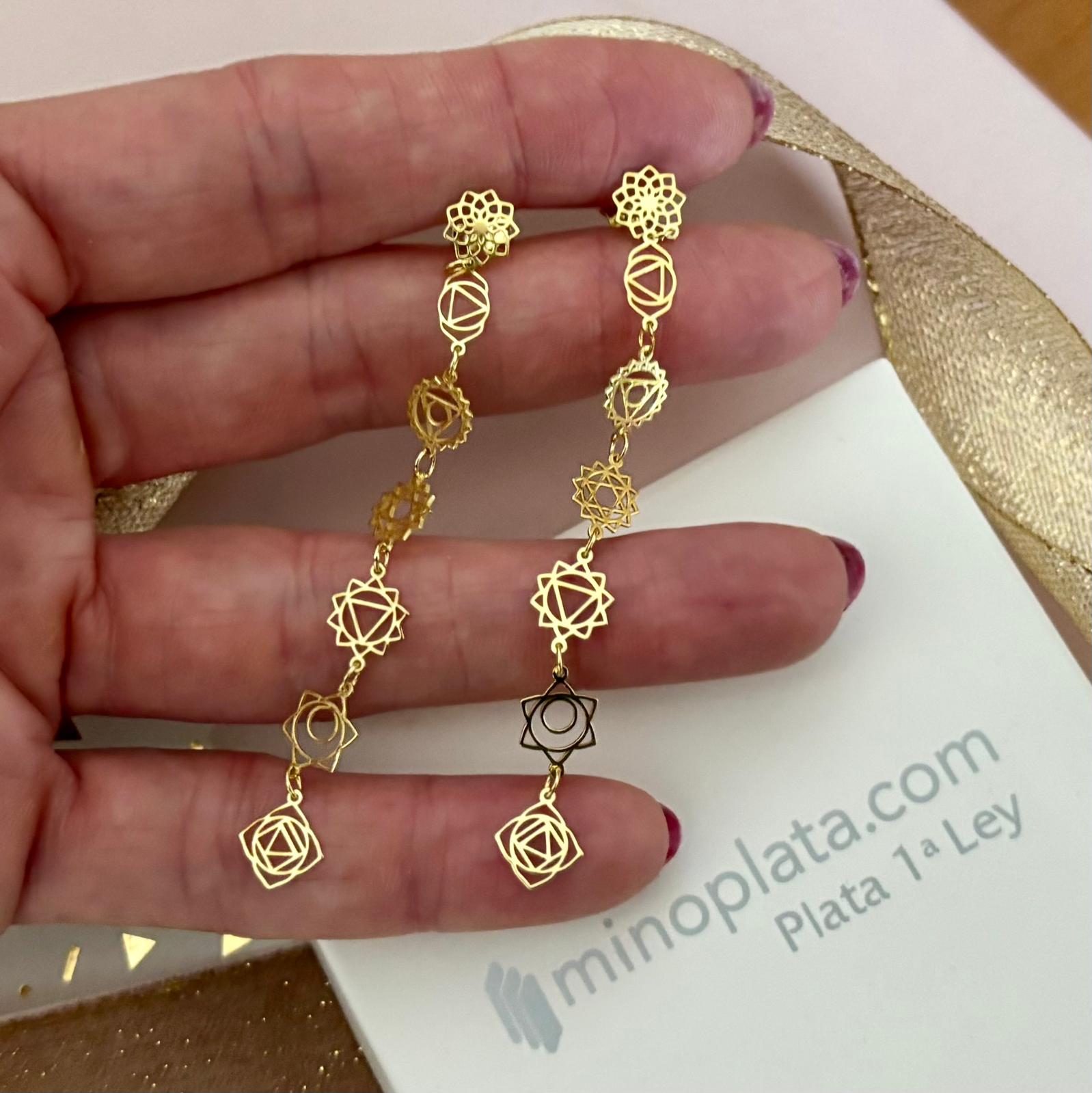Pendientes siete chakras de Plata de ley chapada en oro