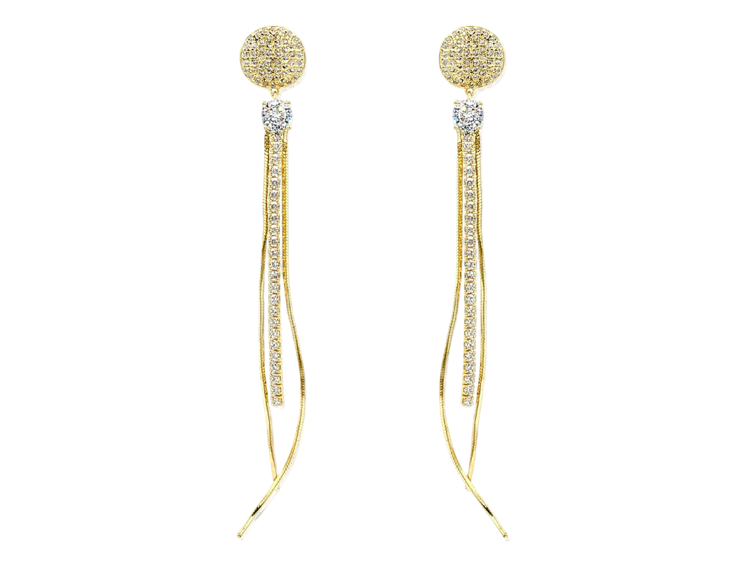 Pendientes largos fiesta en Plata baño de Oro con Circonitas