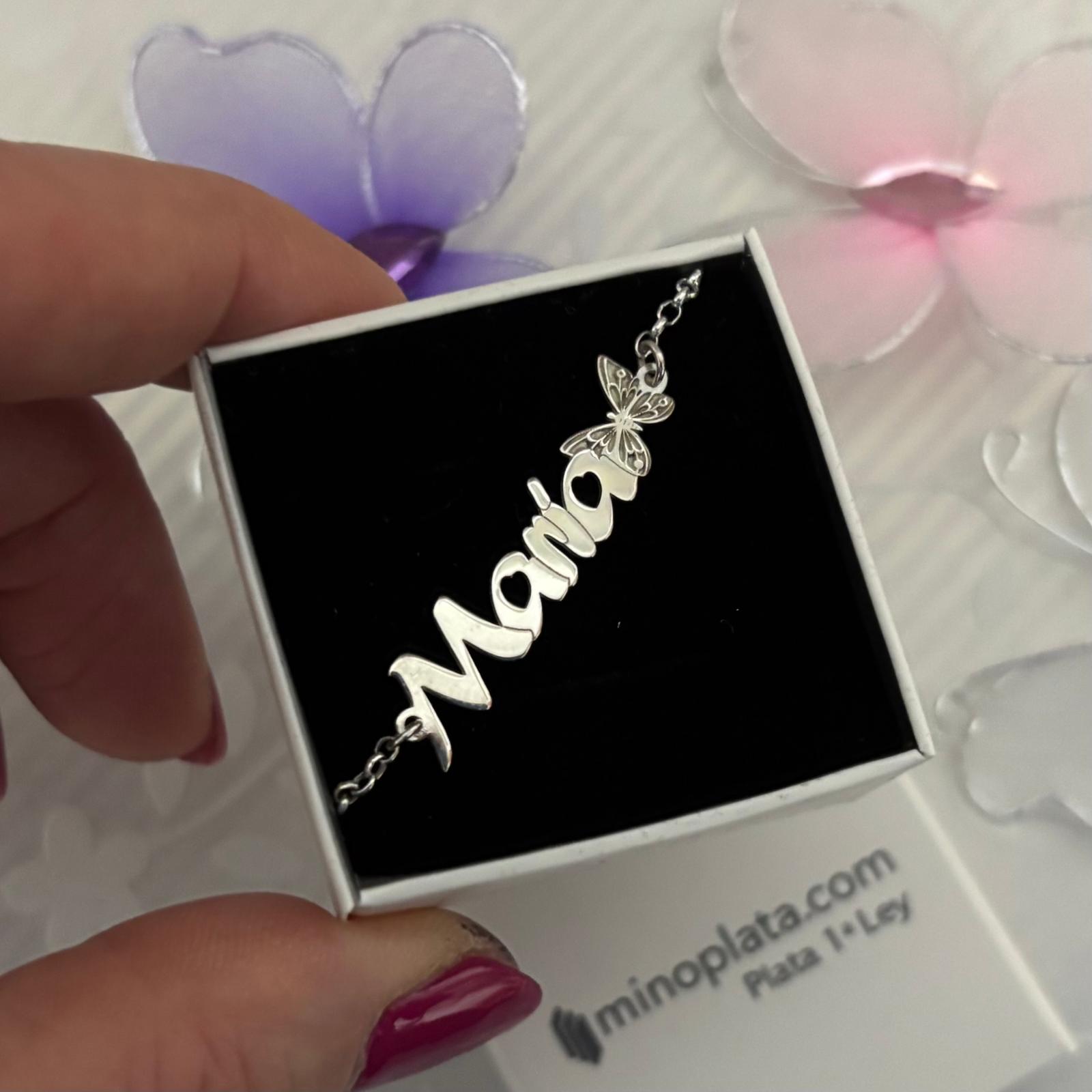 Pulsera nombre personalizado de Plata de ley 925 con mariposa 3