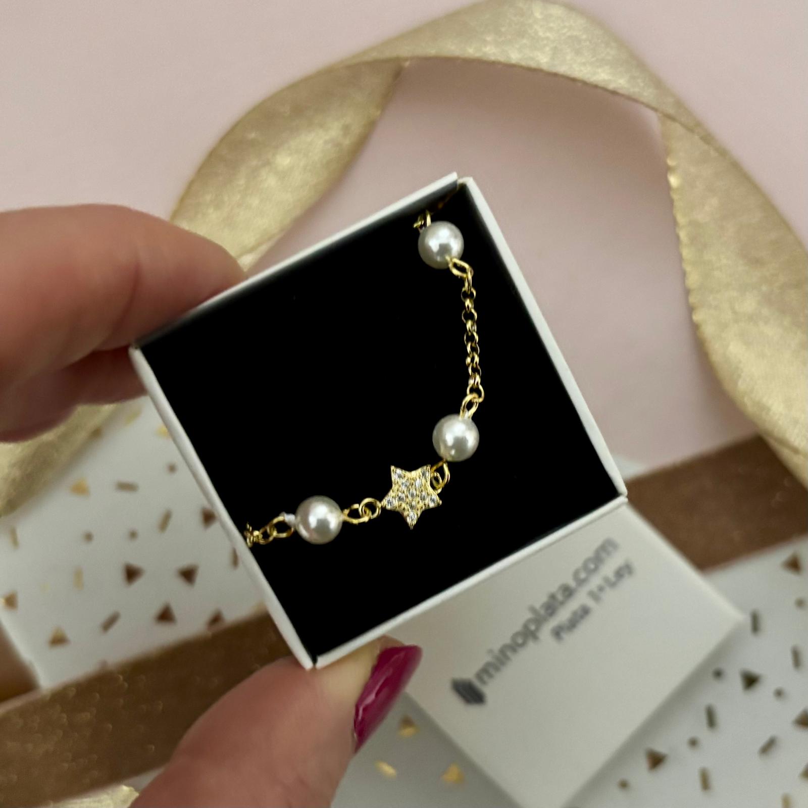 Pulsera infantil estrella de Plata chapada en Oro con Perlas cultivadas y Circonitas 4
