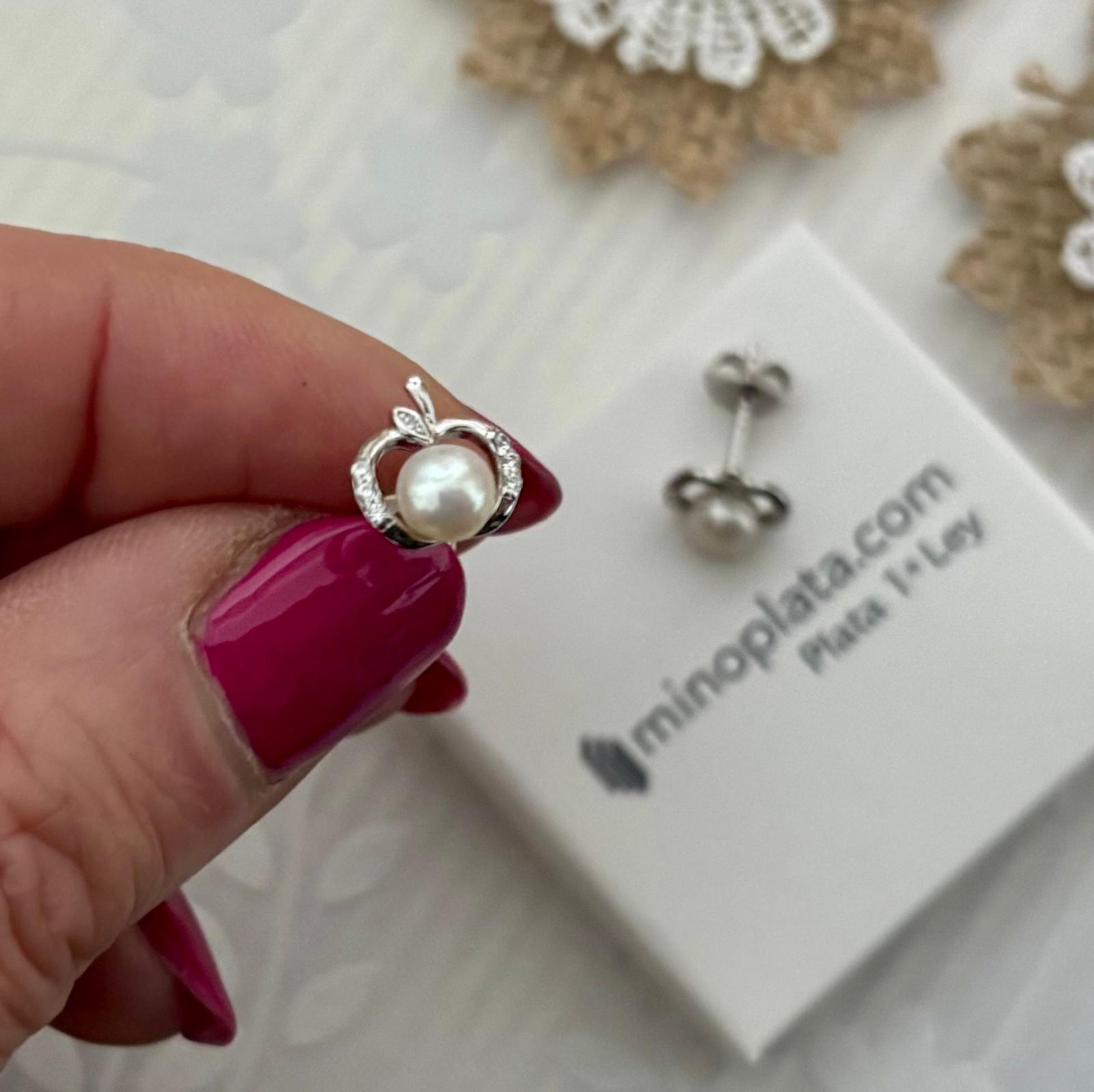 Pendientes manzana de Plata de ley rodiada con Circonitas y Perlas cultivadas