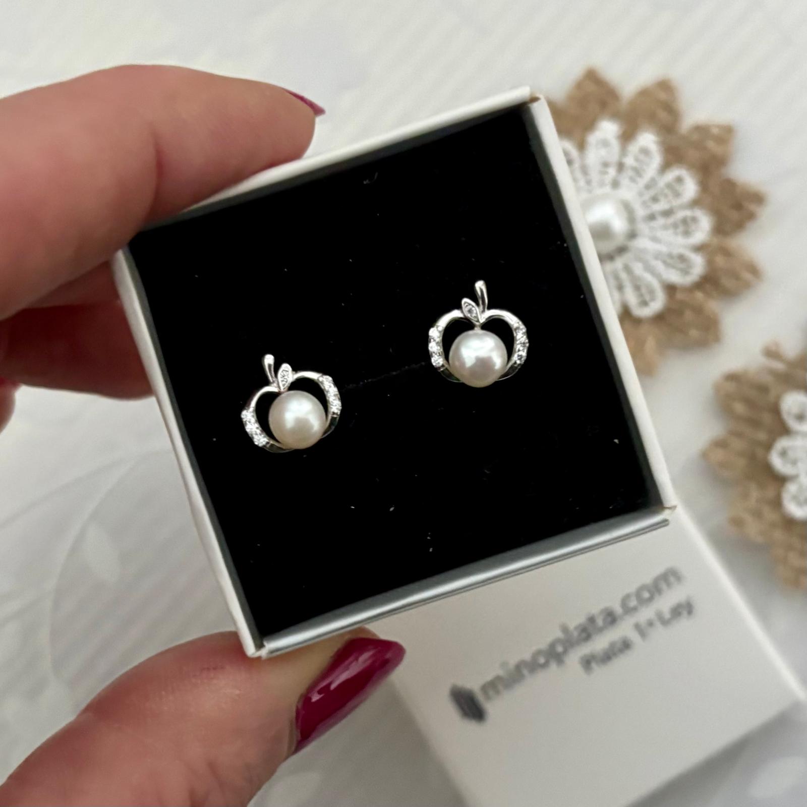 Pendientes manzana de Plata de ley rodiada con Circonitas y Perlas cultivadas 3