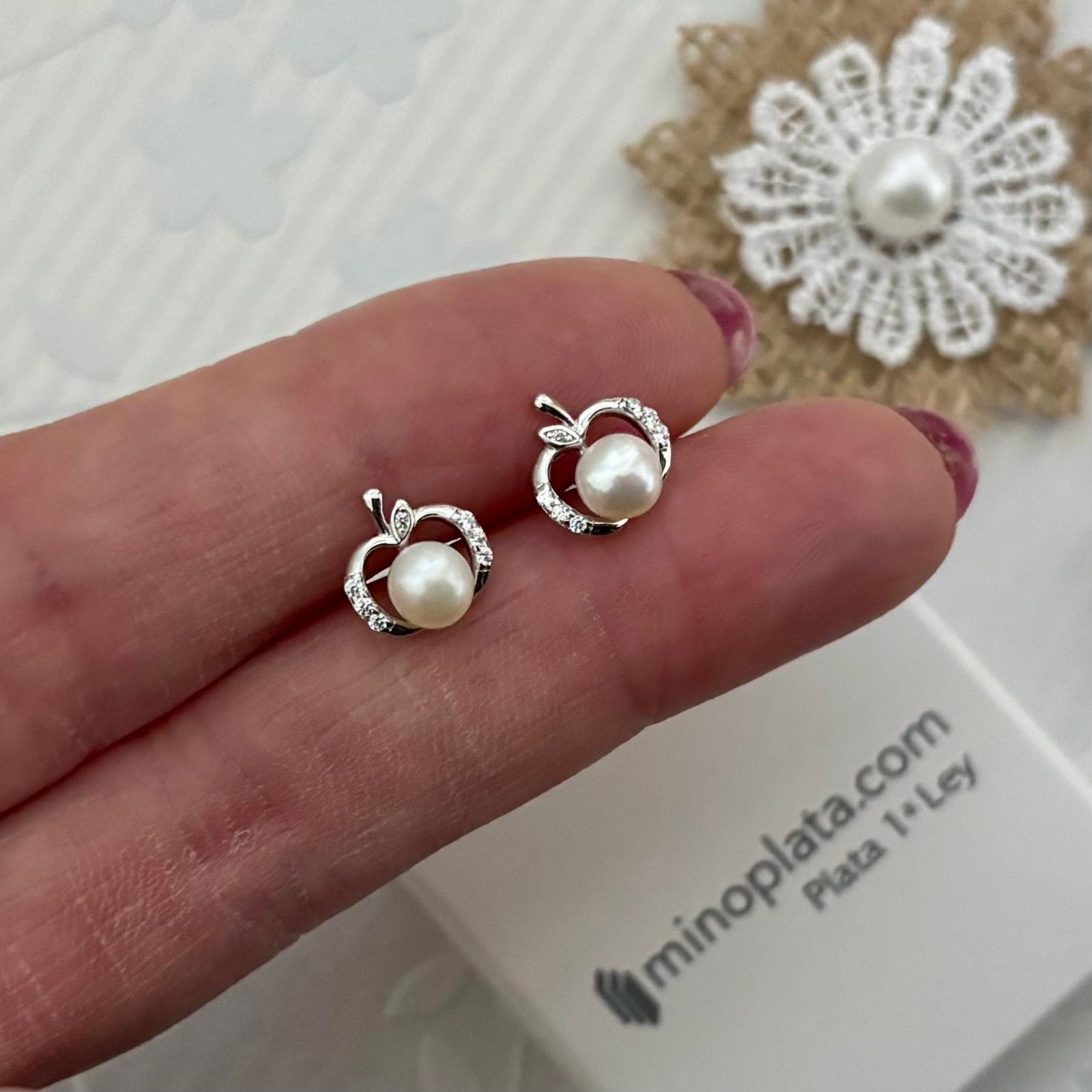 Pendientes manzana de Plata de ley rodiada con Circonitas y Perlas cultivadas 5