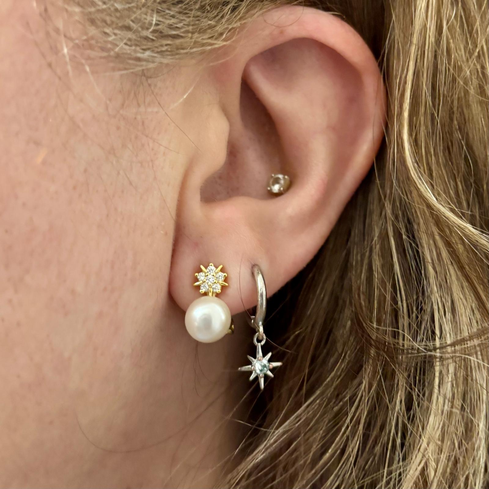 Pendientes Perlas cultivadas 7mm flor de Plata chapada en Oro con Circonitas microengastadas y cierre omega 5