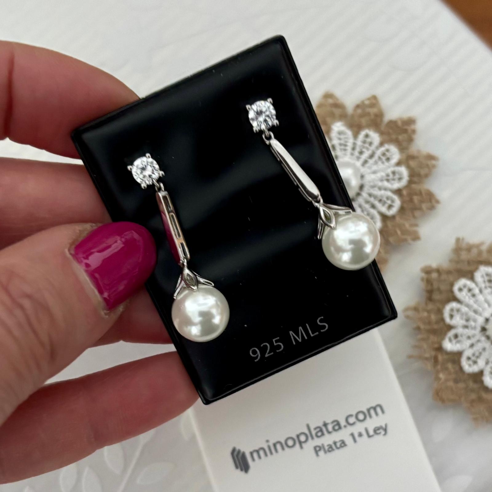 Pendientes largos novia en Plata de ley rodiada con Circonitas y Perlas cultivadas 4