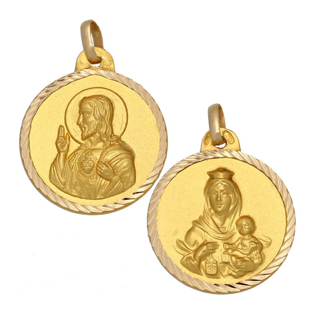 Medalla Escapulario borde tallado Virgen del Carmen y Sagrado Corazón de Jesús de Plata de ley chapada en Oro 22mm 1