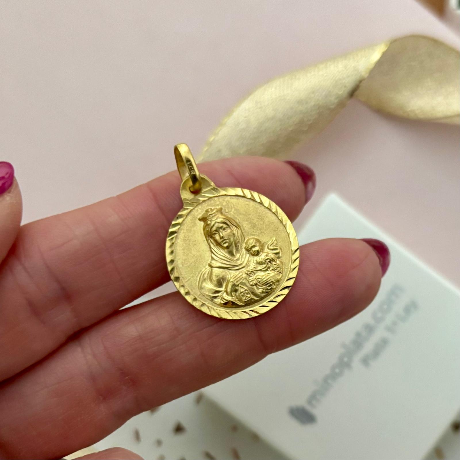 Medalla Escapulario borde tallado Virgen del Carmen y Sagrado Corazón de Jesús de Plata de ley chapada en Oro 22mm 3