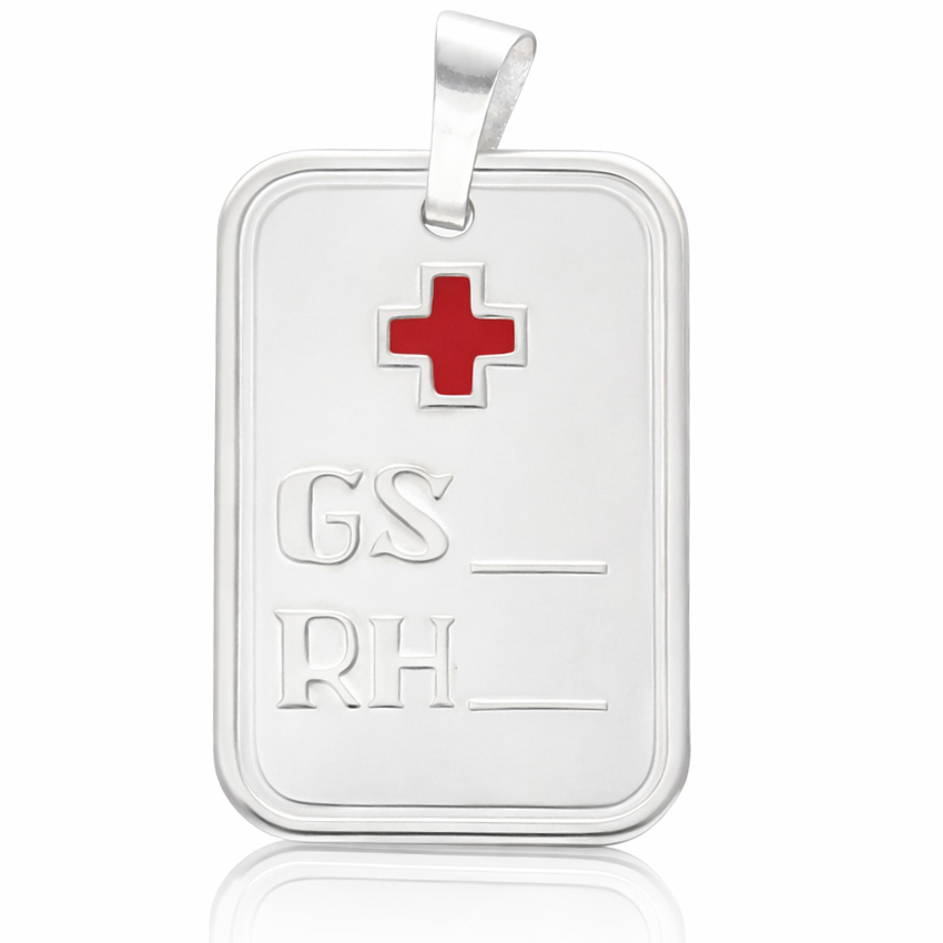 Colgante placa Grupo Sanguíneo de Plata de ley grande 17mmx24mm