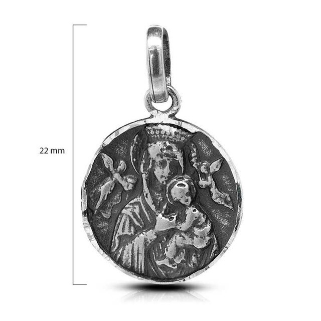 Medalla de la Virgen con Niño de Plata de ley envejecida 14mm