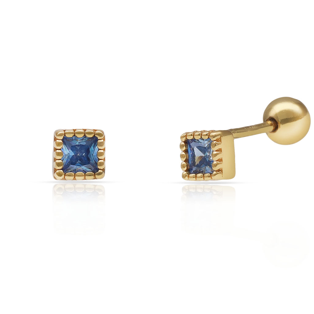 Pendientes cuadrado pequeño 4X4mm de Plata de ley chapada en Oro piedra aguamarina y cierre bola rosca