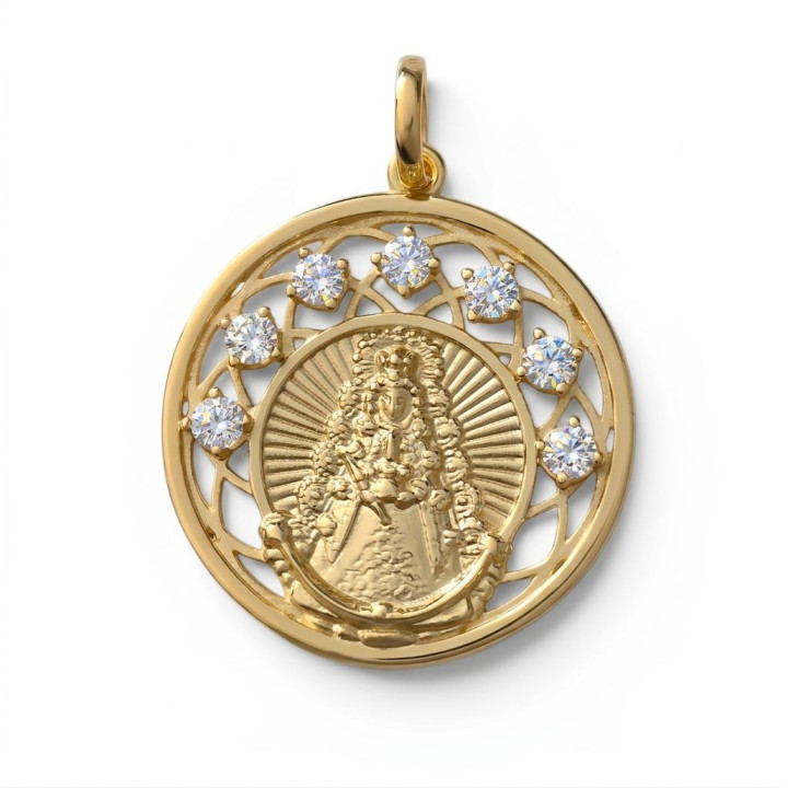Medalla Virgen del Rocío de Plata de ley chapada en Oro calada con Circonitas