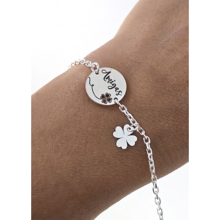 Pulsera amigas de Plata de ley 925 con trébol de la suerte colgante