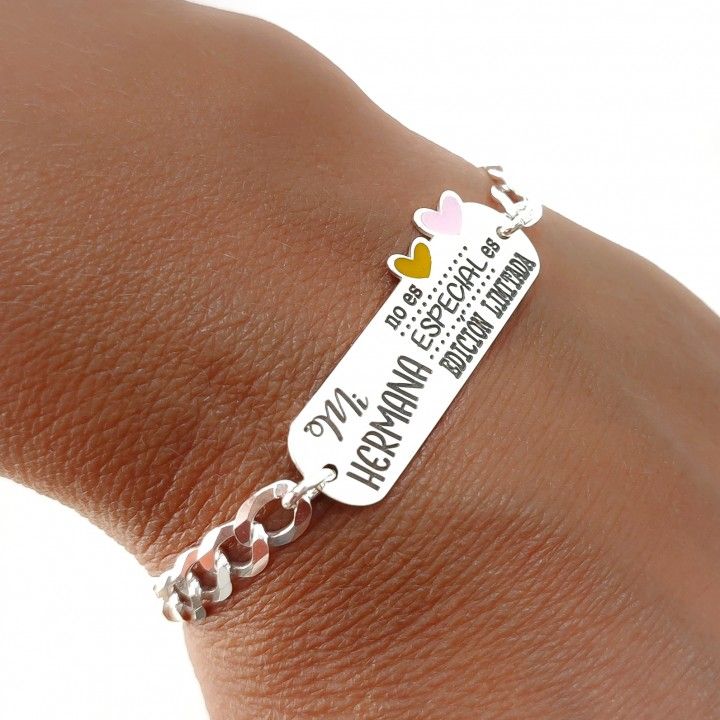 Pulsera para hermanas en Plata de ley 925 con mensaje y corazones esmaltados