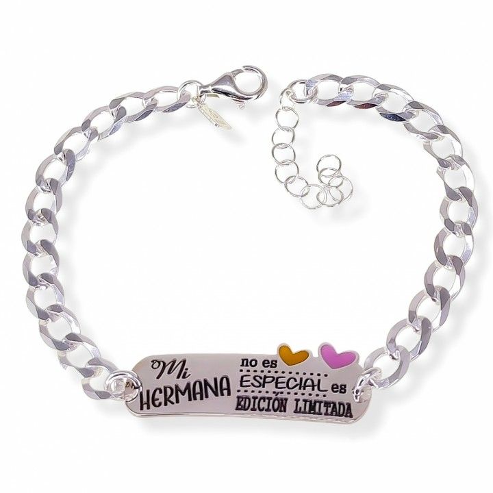 Pulsera para hermanas en Plata de ley 925 con mensaje y corazones esmaltados