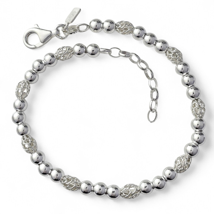 Pulsera bolas y toneles calados de Plata de ley 925