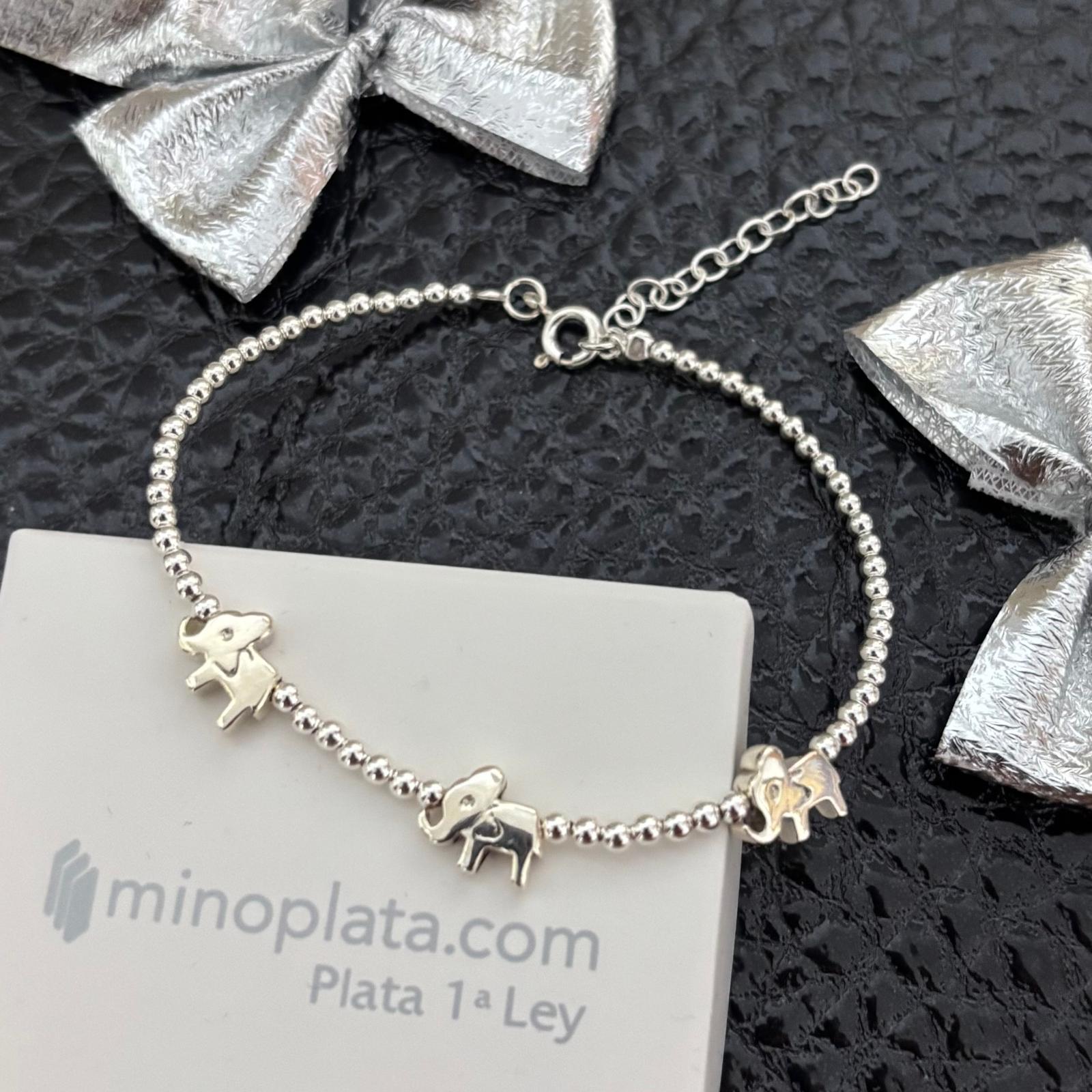 Pulsera bolas 3mm con elefantes de la suerte de Plata de ley 925 3
