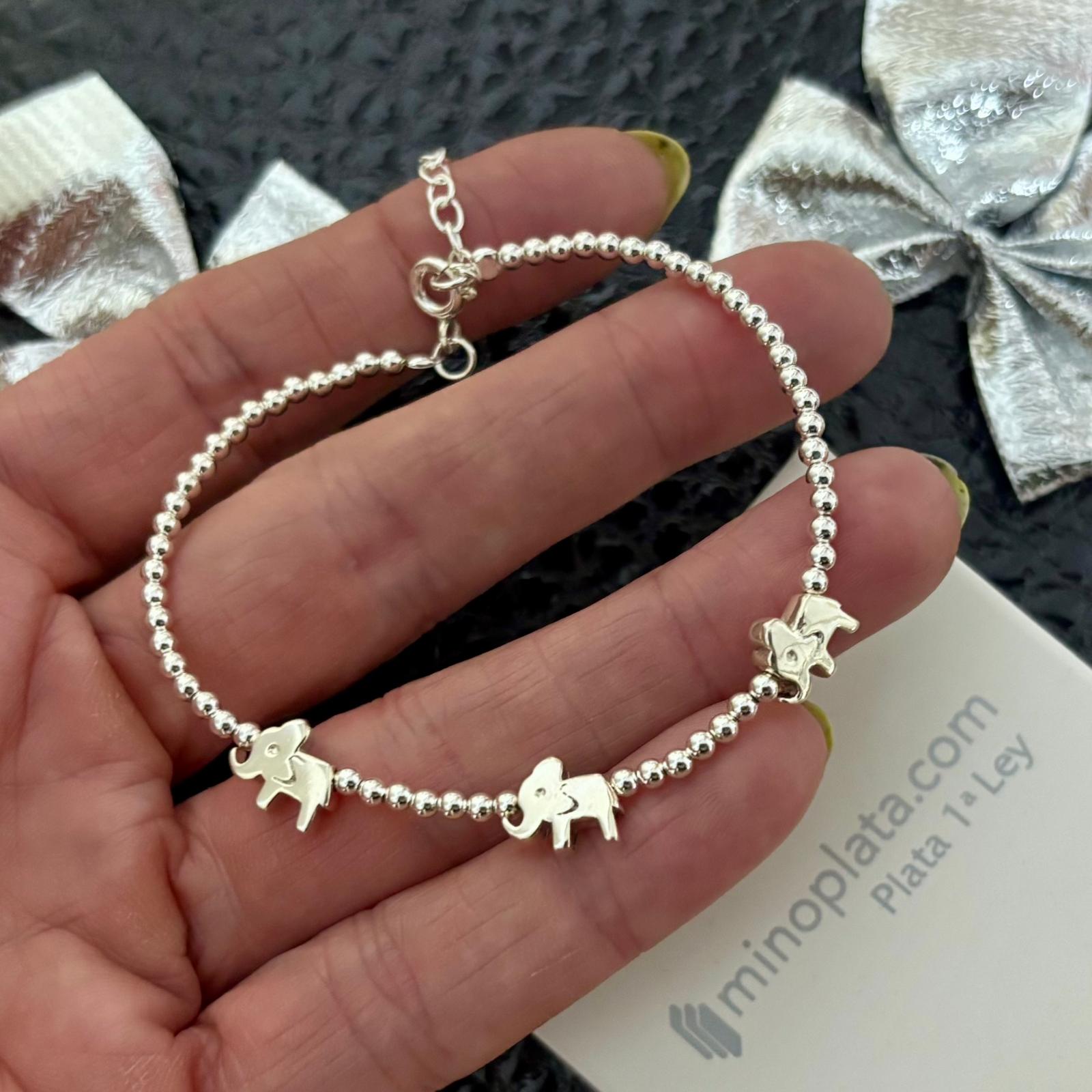 Pulsera bolas 3mm con elefantes de la suerte de Plata de ley 925