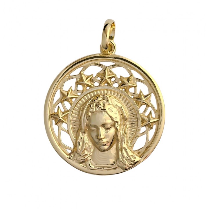 Medalla Virgen Niña calada de Plata de ley chapada en Oro 27mm