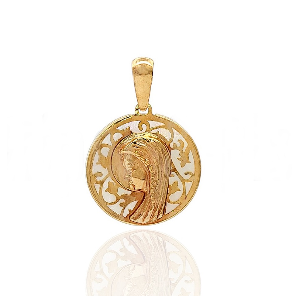 Medalla Virgen Niña de Plata chapada en Oro con Nácar 16mm