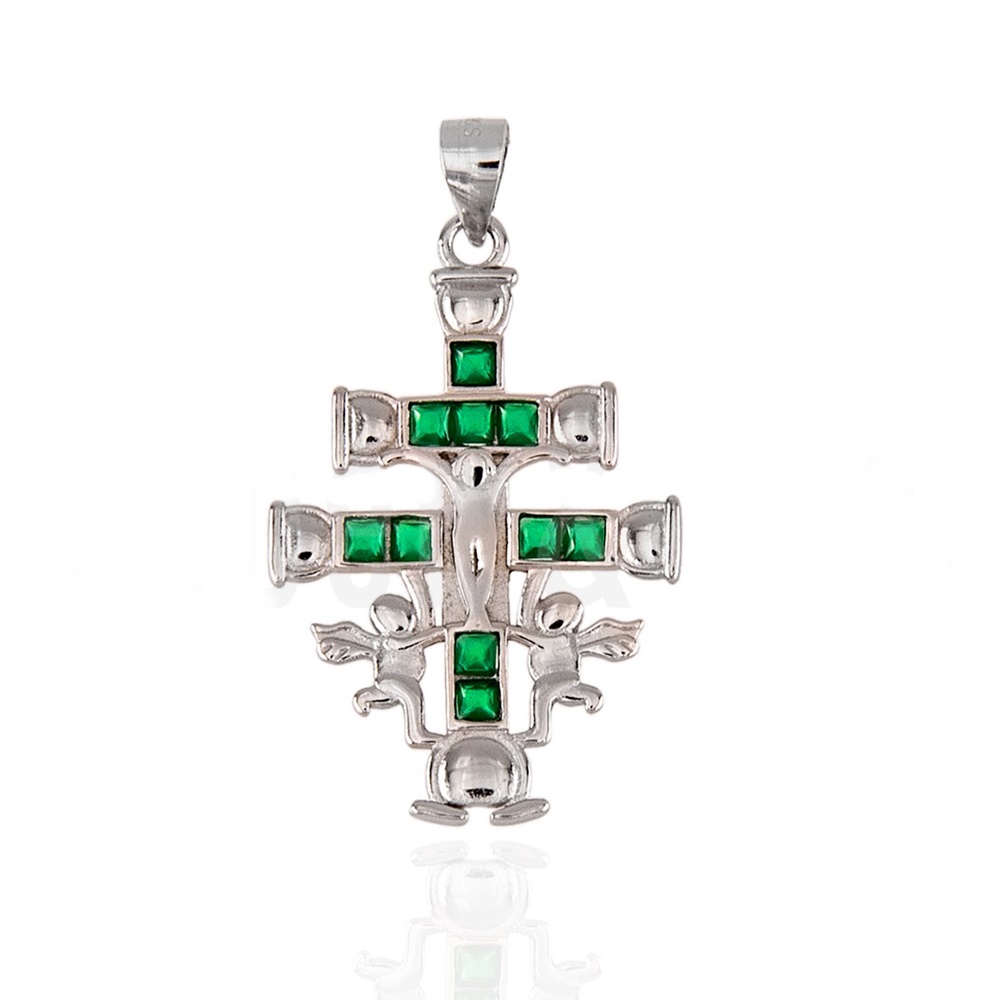 Cruz de Caravaca de Plata de Ley 925 con Circonitas Verdes