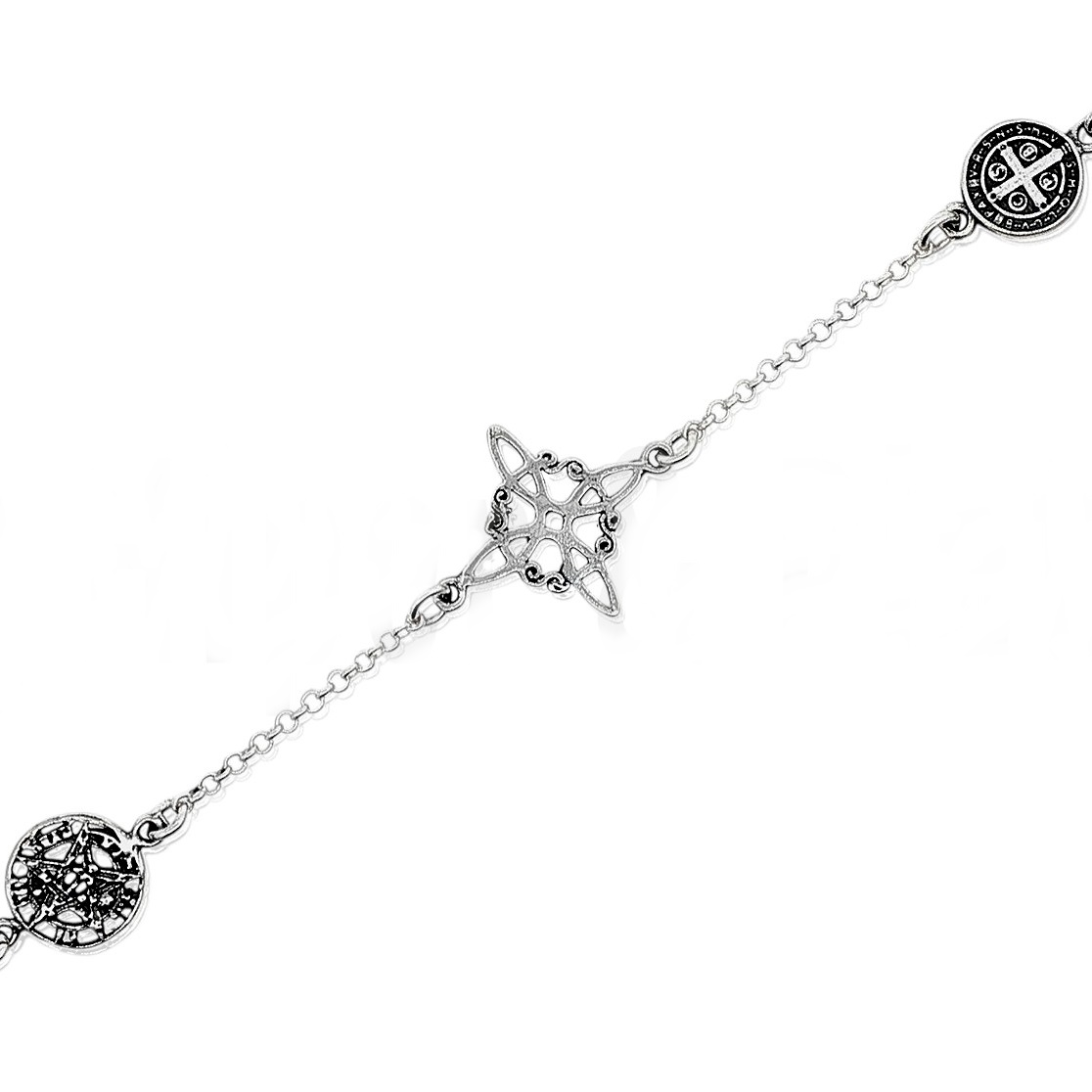Pulsera de Plata nudo de bruja medalla San Benito y tetragramaton