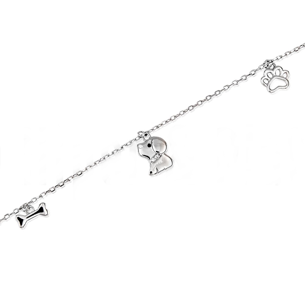 Pulsera Perro de Plata de Ley 925 rodiada con Huella y Huesito