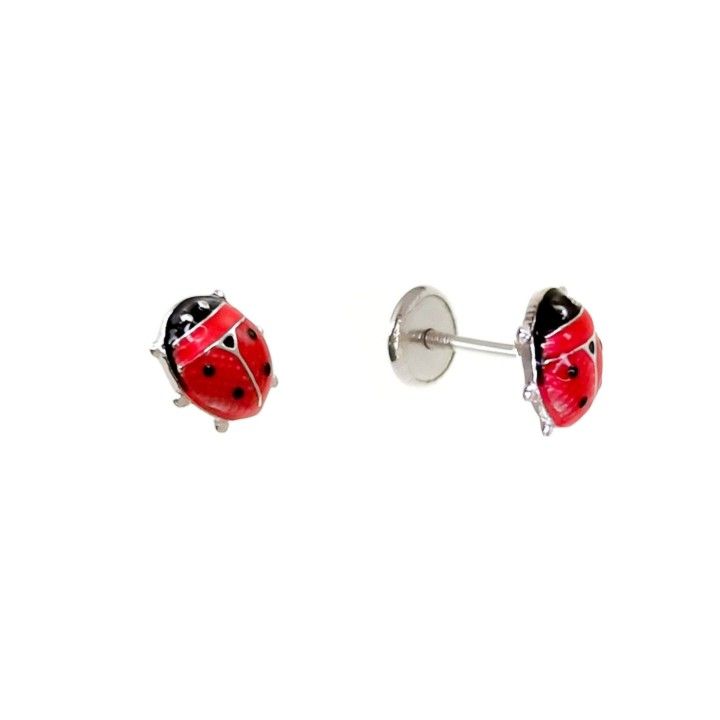 Pendientes bebé mariquitas rojas de Plata de ley 925 con cierre rosca seguridad