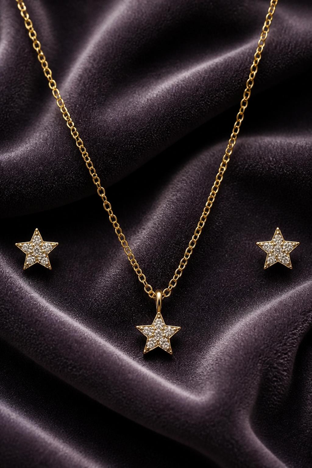 Conjunto de Pendientes y Gargantilla estrellas con Circonitas de Plata de ley chapada en Oro 4