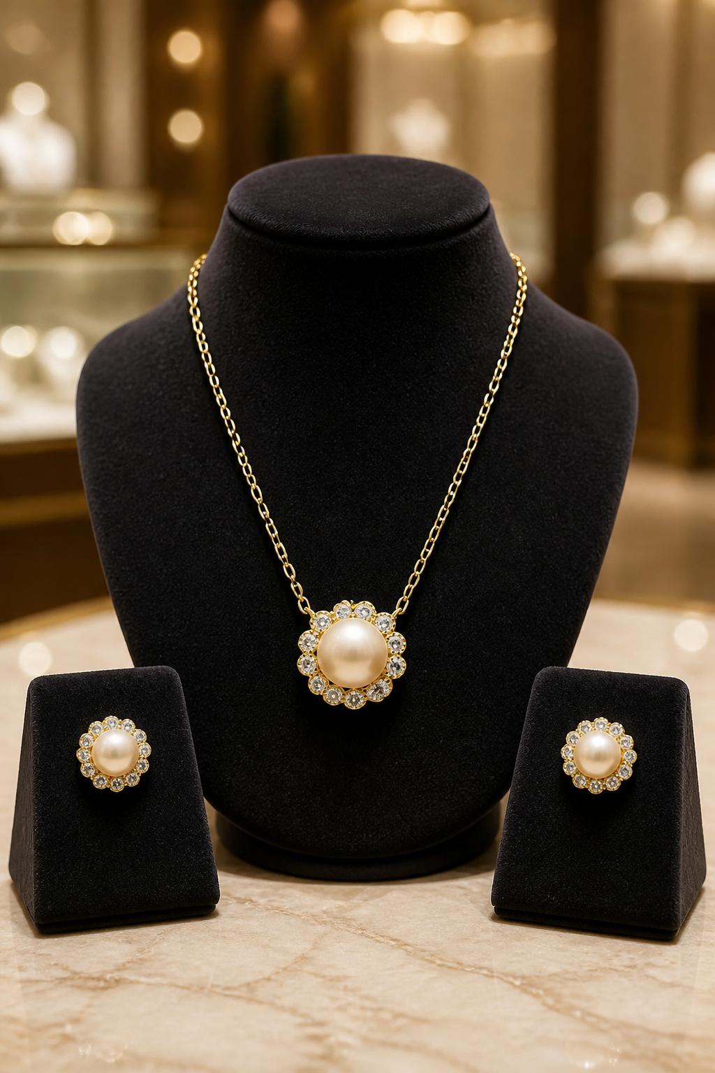 Juego de Pendientes y Collar Perlas cultivadas y Circonitas en Plata de ley chapada Oro 4