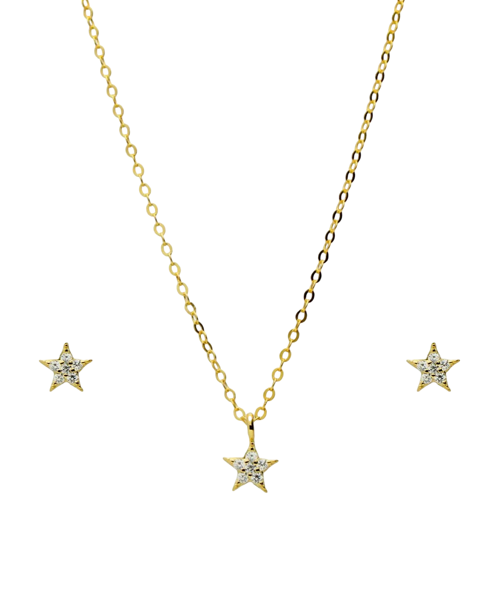 Conjunto de Pendientes y Gargantilla estrellas con Circonitas de Plata de ley chapada en Oro
