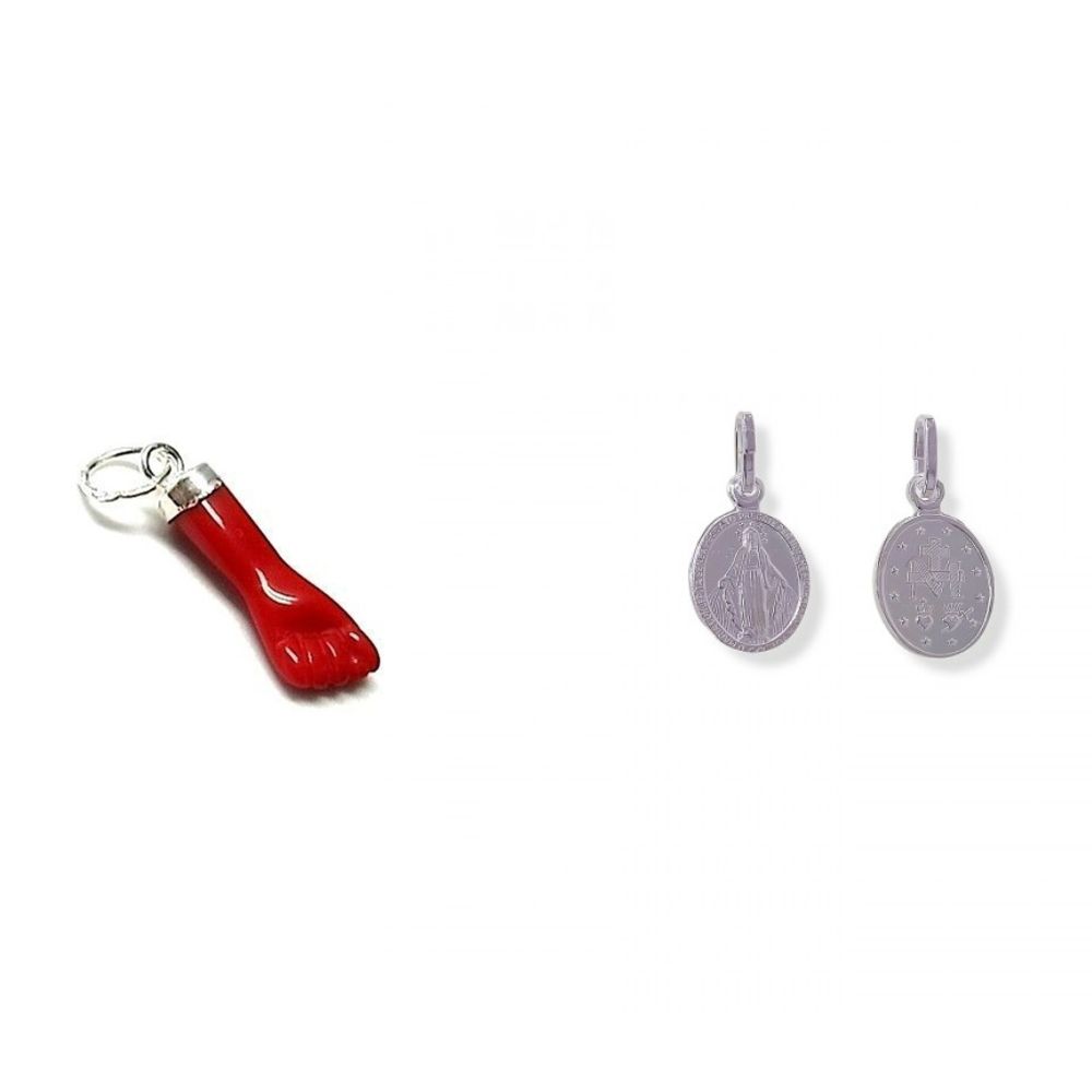 Set de amuletos higa roja 15mm y medalla Virgen Milagrosa pequeña 8mm de Plata de ley 925