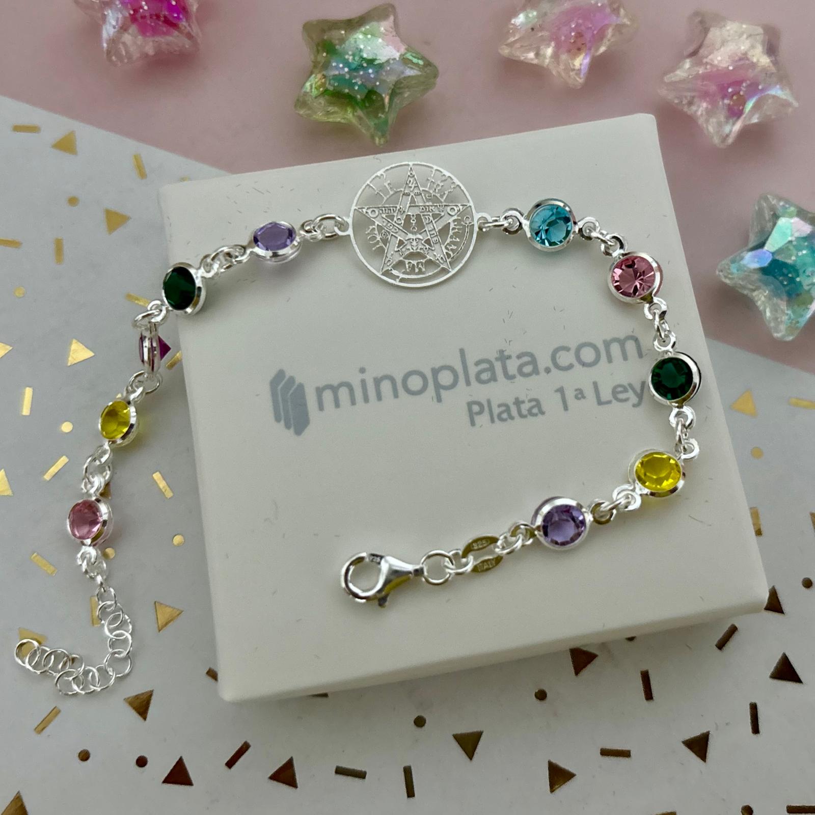 Pulsera tetragramaton con piedras de colores en Plata de ley 925 3