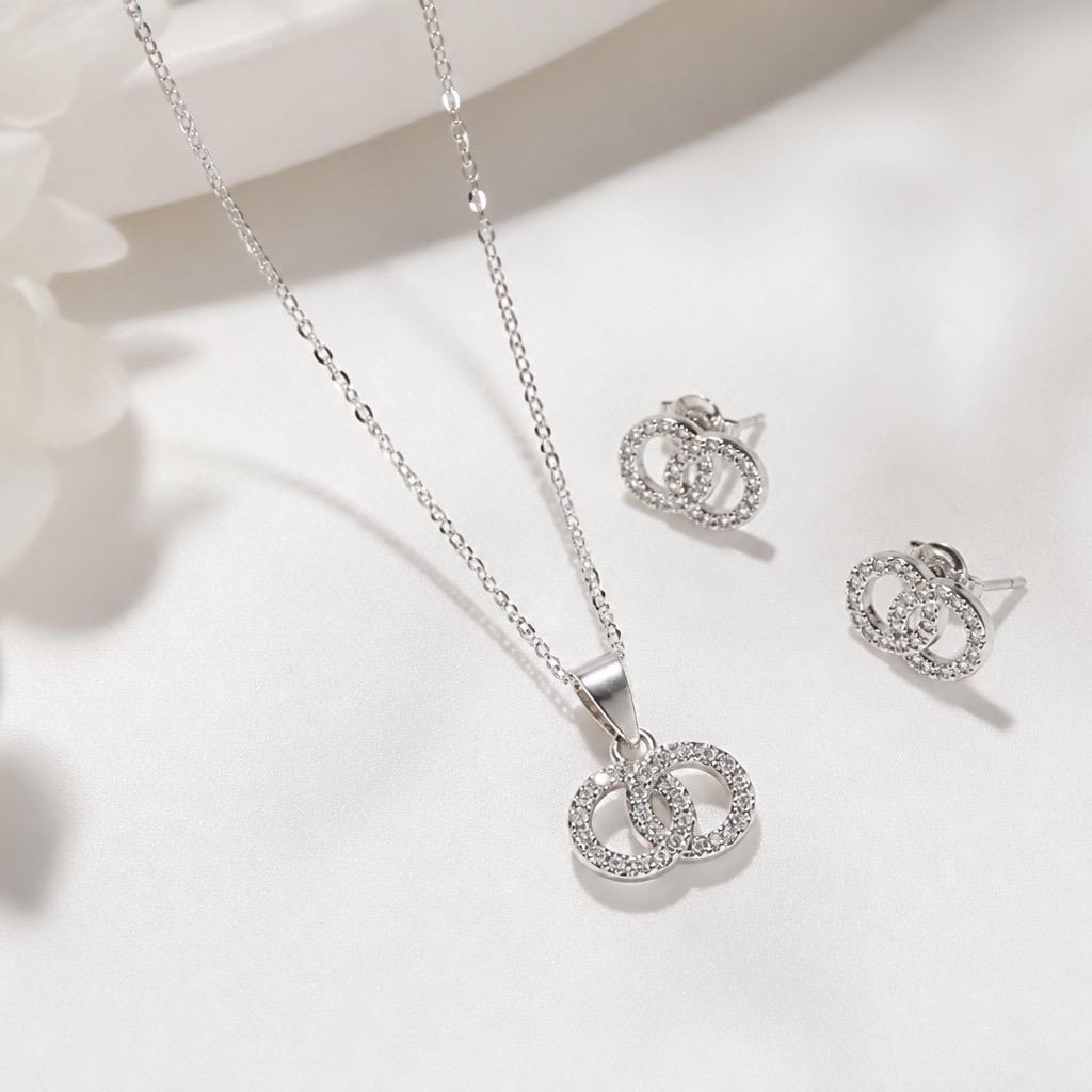 Conjunto Pendientes y Gargantilla doble karma de Plata rodiada con Circonitas 4