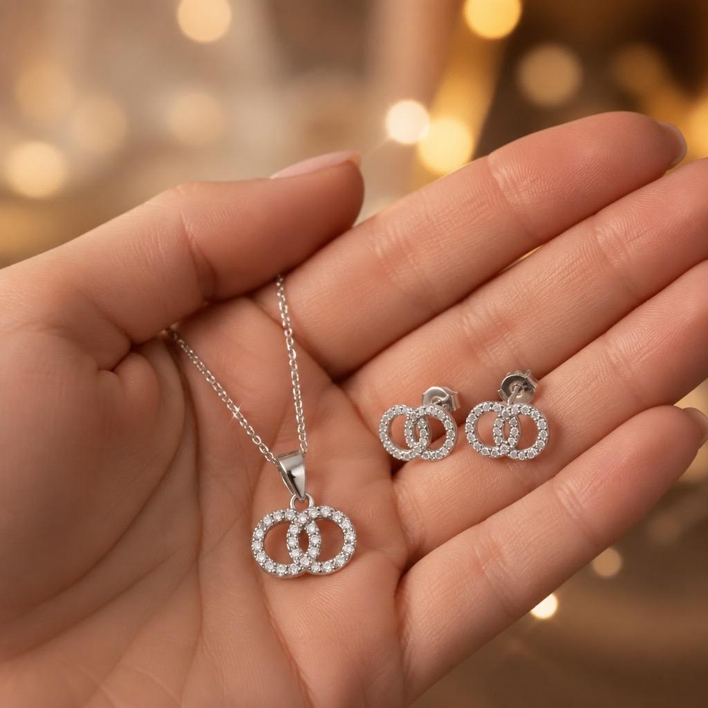 Conjunto Pendientes y Gargantilla doble karma de Plata rodiada con Circonitas 3