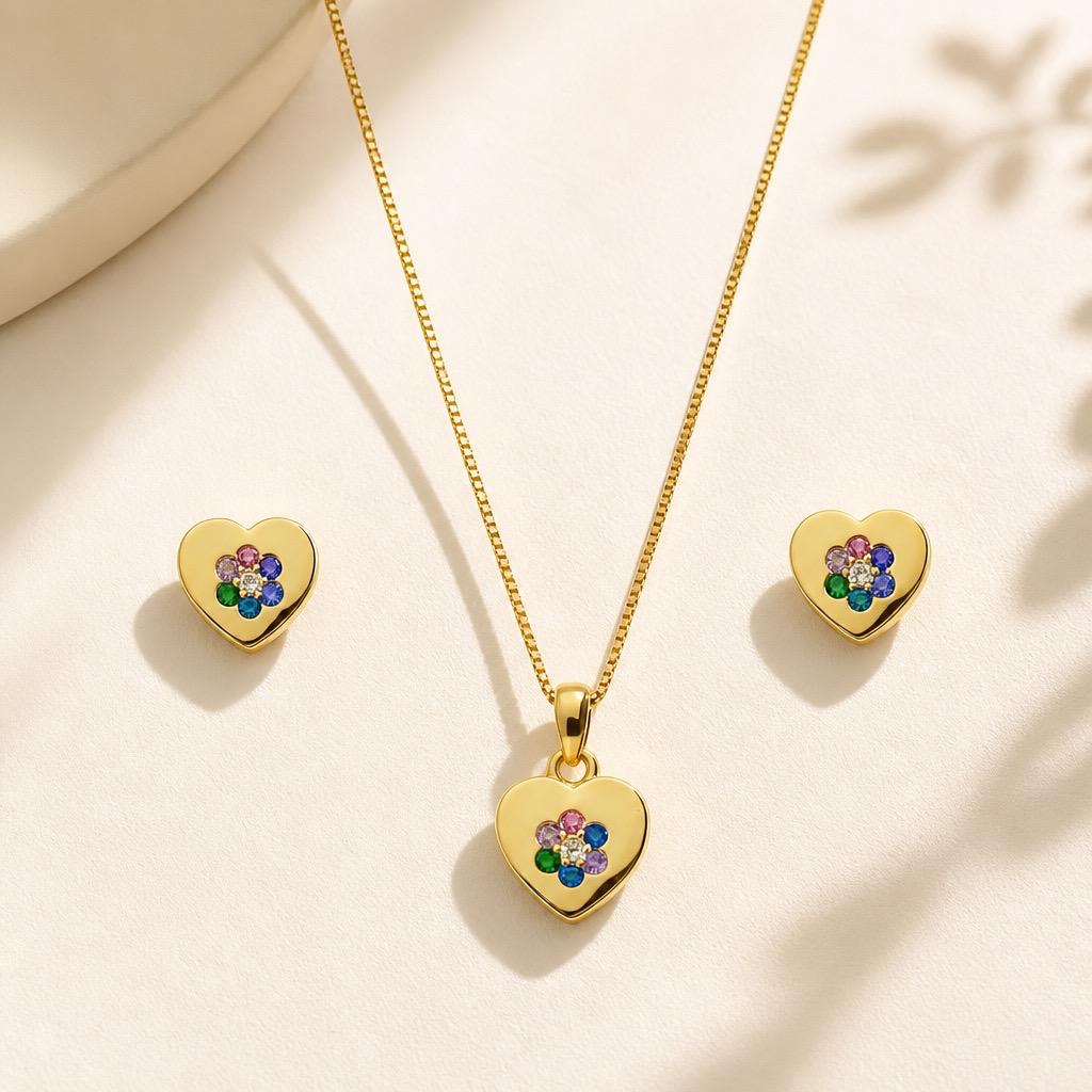 Juego Pendientes y Gargantilla corazón de Plata de ley chapada en Oro con Circonitas de colores 3